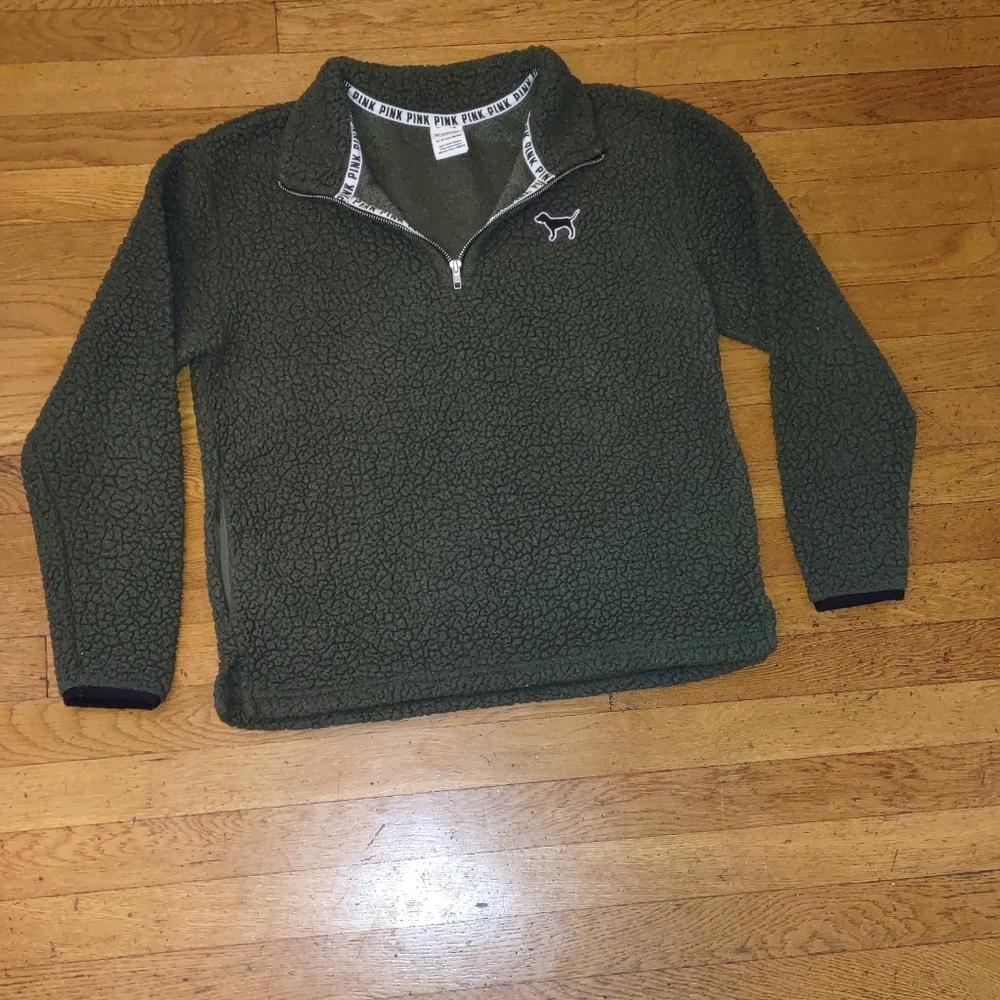 Victoria's Secret Pink Cozy Forest Green Teddy Quarter Zip Size XS
